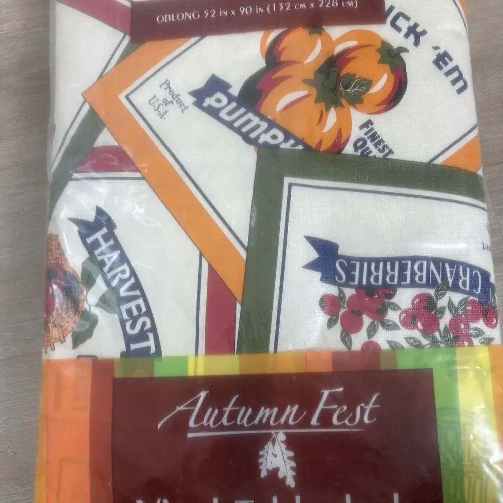 Kmart Autumn Fest Vinyl Tablecloth Oblong 52x90 Vintage Harvest Fruit Labels NIP